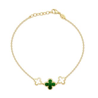 Italian Gold, Inc 14K Yellow Gold Alternating Clover & Open Clover Bracelet 3 Stations - Malachite