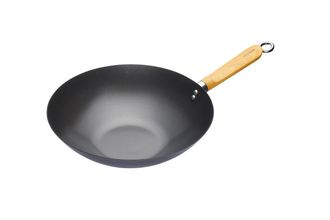KitchenCraft Wok antiadherente de 30 cm en acero al carbono negro y madera