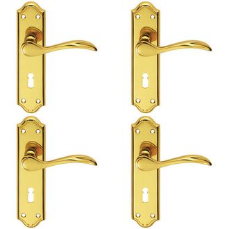 Loops 4x PAIR Curved Door Handle Lever on Lock Backplate 180 x 45mm Polished Brass in Metallics