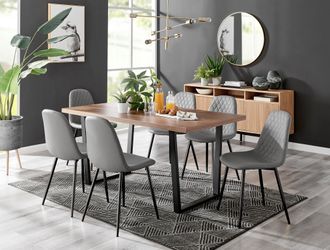 Furniturebox Kylo Large Brown Wood Effect Dining Table & 6 Corona Black Leg Feax Leather Chairs in Grey