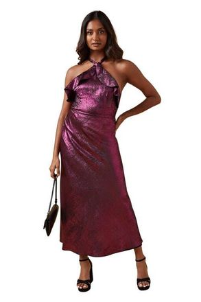 Oasis Foil Halterneck Ruffle Foil Midaxi Dress in Pink at Nordstrom, Size 10