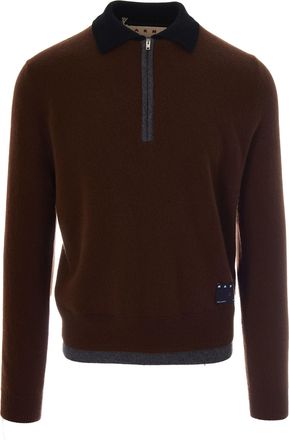 Marni Brown Long-Sleeve Cashmere Polo Sweater With Double-Layer Hem