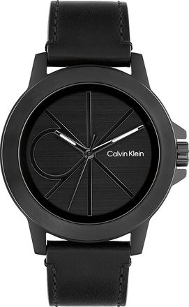 Calvin Klein Mens Emblem Dial Leather Strap Watch - Black - OS