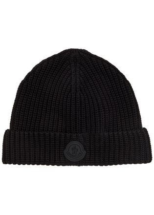 Moncler Logo-appliqu&eacute;d Ribbed Cotton-knit Beanie - Black - One Size