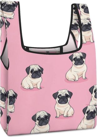 Generic Cute Cartoon Pugs Shopping Bag Reusable Grocery Tote Bag Foldable Handbag for Travel Picnic