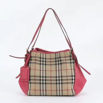 Burberry Beige Pink Leather Canvas Shoulder Bag Tote Bag (Pre-Owned)