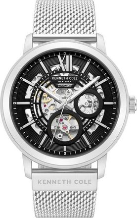 Kenneth Cole Pacific Skeleton Dial Automatic Mesh Strap Watch, 43.6mm in Silver at Nordstrom