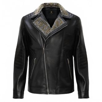 Barocco Mens Studded Collar Trim Moto Jacket In Black