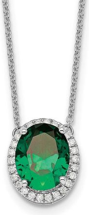Diamond2Deal 14k White Gold Oval Created Emerald and Diamond Halo Pendant Necklace