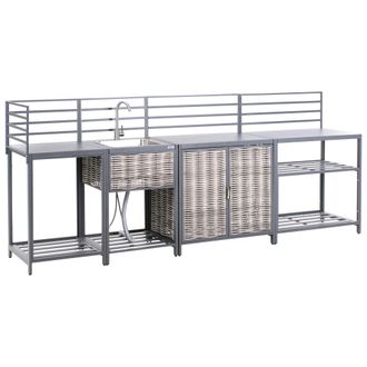 Beliani Conjunto De Cocina Exterior De 4 Piezas De Aluminio Y Rat&aacute;n Sint&eacute;tico Armario Isla Con Fregadero Gris Mirador