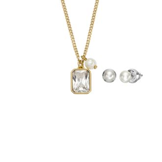 Fossil Womens White Pearl Necklace and Earrings Gift Set