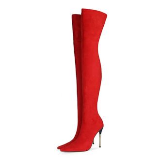 Generic Red,6.5 UK,Womens Thigh High Boots Faux Suede Elasticity Heels Over The Knee Boot Pointed Toe Fashion Fall Winter Stiletto Heel Dress Shoes