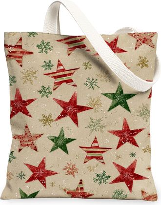 Generic Christmas Star Canvas Tote Bags, Festive Snowflake Design Reusable Bags, Vintage Lightweight Washable Shoulder Strap for Travel Beach Picnic 13x15 Inc