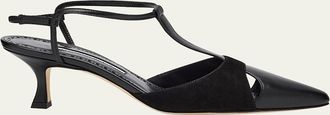 Manolo Blahnik Mixed Leather T-Strap Pumps
