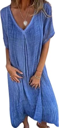Generic Cotton and Linen V-Neck Midi Dress, Linen Dresses for Women, Midi Linen Dresses for Women, Solid Casual Dress (Blue,3XL)
