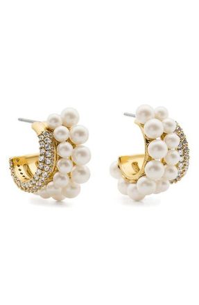 Kate Spade New York faux pearl stacked huggie hoop earrings in Cream/Gold at Nordstrom