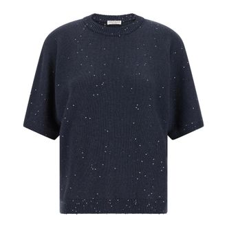 Brunello Cucinelli Diamante Jumper - female - Brunello Cucinelli - Cashmere Knitwear - Blue - XS - Knitwear