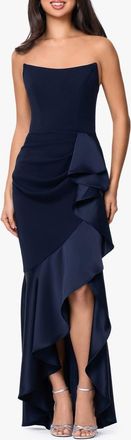 Betsy & Adam Satin Ruffle Detail Strapless Scuba Crepe Corset Gown in Navy at Nordstrom, Size 14