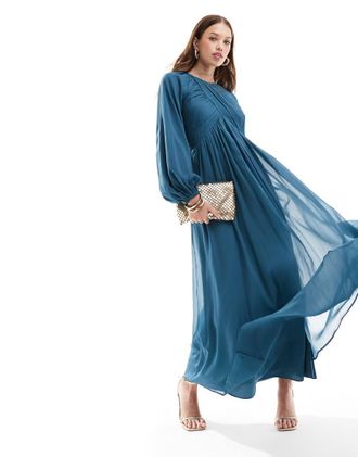 Asos Vestito lungo con corpino a portafoglio blu foglia di t&egrave; con maniche a palloncino-Verde