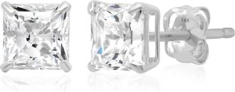MAX + STONE 14k Yellow or White Gold Princess Cut Cubic Zirconia Stud Earrings 4MM to 7MM