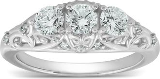 Pompeii3 1ct Three Stone Vintage Engagement Unique Ring With Accents 14k White Gold