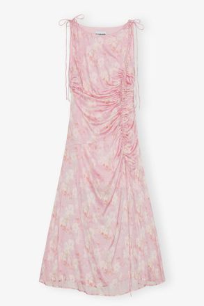 Ganni Pink Printed Satin Gathered Dress - Size 10/12 Viscose
