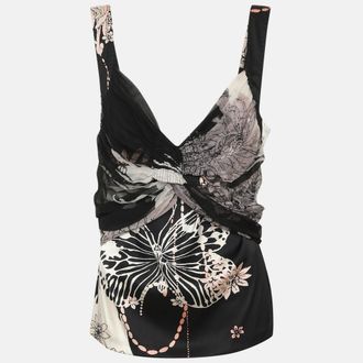 Roberto Cavalli Black Multicolor Printed Stretch Satin Camisole