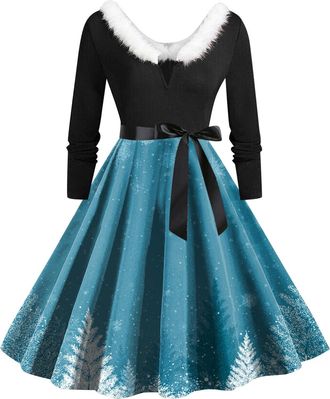 Generic Christmas Dress Womens V Neck Long Sleeve Winter Dress Elegant Perfect Party Printed Xmas Costume Swing Dresses Womens Christmas Sweatshirt Outfits Sw