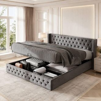 Merax Velvet King Size Ottoman Storage Bed Frame in Grey