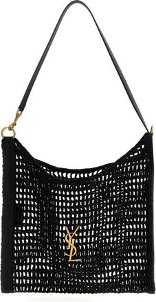 Saint Laurent Schoudertas van Geweven Raffia met Monogram - Dames - Schoudertassen - Zwart - ONE Size - Leer - Tassen