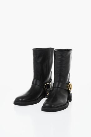 Valentino Stivaletti Biker in Pelle con Cinturino Logato Valentino