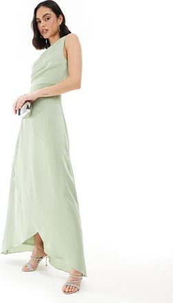 Tfnc Vestito lungo da damigella monospalla in raso verde salvia con gonna avvolgente