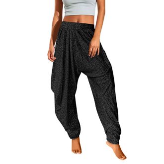 Generic Womens Sequins Elastic Waist Elastic Waist Trousers with Pocket Loose Fit Harem Pants Solid Color, Black, M