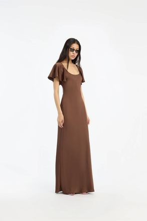 Rotate Satin Flowy Sleeve Dress In Brown