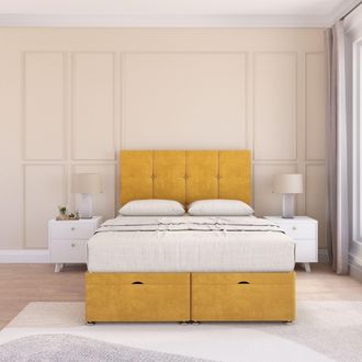 Sloomy Jasmine Plush Fabric Ottoman Bed End Opening With Sprung Memory Mattress & 54 Inch Floorstanding Headboard in Gold | Size: Double
