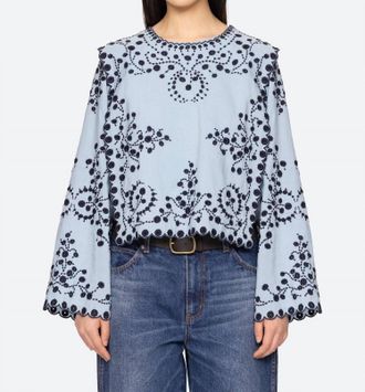Sea New York Frances Long Sleeve Embroidered Top In Blue