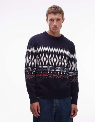 Tommy Hilfiger Maglione di lana blu navy e bianco con motivo Fair Isle