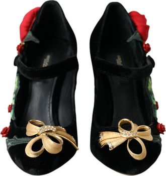Dolce & Gabbana Black Roses Crystal Brooch Mary Jane Womens Shoes