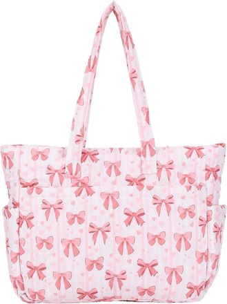Generic Women Floral Cotton-Padded Tote Shoulder Bag Large Capacity Daily Use (Pink Bow) (style3)