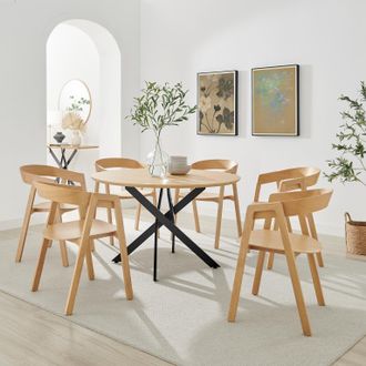 Furniturebox Novara 120cm Oak Veneer Top Round Dining Table & 6 Oak Masa Chairs in Brown