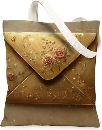 Generic Floral Canvas Tote Bags, Elegant Rose Pattern Reusable Grocery Bags, Vintage Lightweight Washable Shoulder Strap Canvas for Travel Beach 13x15 Inch