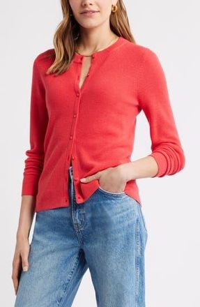 Caslon Crewneck Merino Wool Blend Cardigan in Red Geranium at Nordstrom Rack, Size Xx-Small
