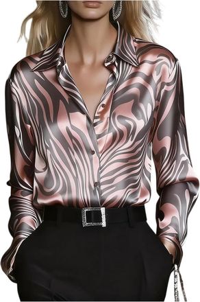 Generic Womens Silk Blouse Satin Long Sleeve Button Down Formal Elegant Shirt Casual Office Business Top for Ladies Vintage Floral Print Casual Work Office Ts