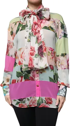 Dolce & Gabbana Womens Multicolor Floral Patchwork Ascot Collar Top Silk Elastane