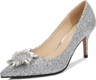 Generic Silver,6.5 UK,Womens Sequined Pumps Pointy Closed Toe Slip On Pumps Wedding Dress Shoes High Stiletto Heels with Rhinestone Square Buckle
