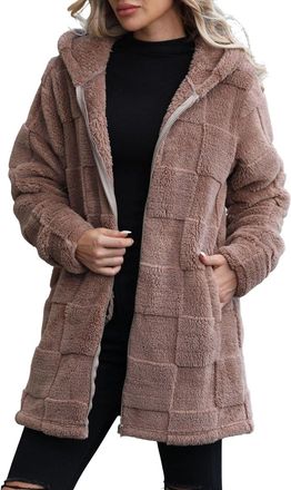 Generic Fleece Hoodies for Women UK Ladies Sherpa Lined Plaid Hoodie Fluffy Jackets Full Zip Teddy Bear Hoodie Winter Warm Soft Sweatshirt Long Sleeve Hooded 
