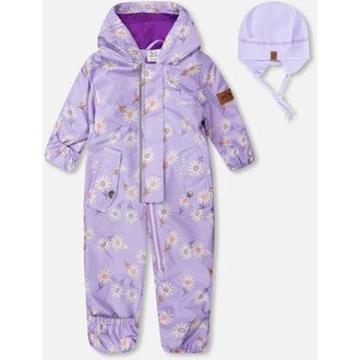 Deux par Deux Baby Mid-Season One-Piece Daisy Print Outerwear with Hat in Purple Printed Daisies at Nordstrom, Size 6M