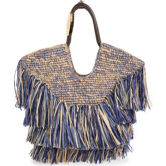 Zimmermann Small Goldentime Fringe Raffia Tote Bag in Denim Blue at Nordstrom