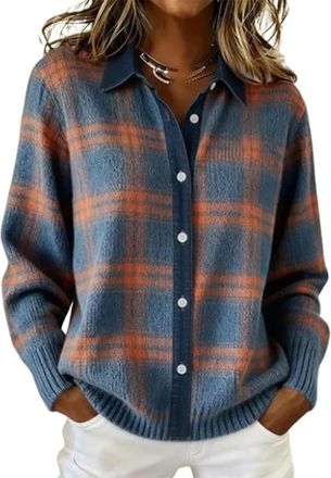 Generic Women Plaid Sweater, Long Sleeve Cardigan for Women Retro Plaid Print Casual Sweaters Knit Cardigan, Button Down Sweater. (a2,L)