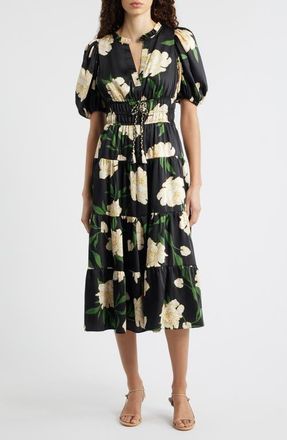 Vince Camuto Floral Puff Sleeve Midi Dress in Black Multi at Nordstrom, Size 10